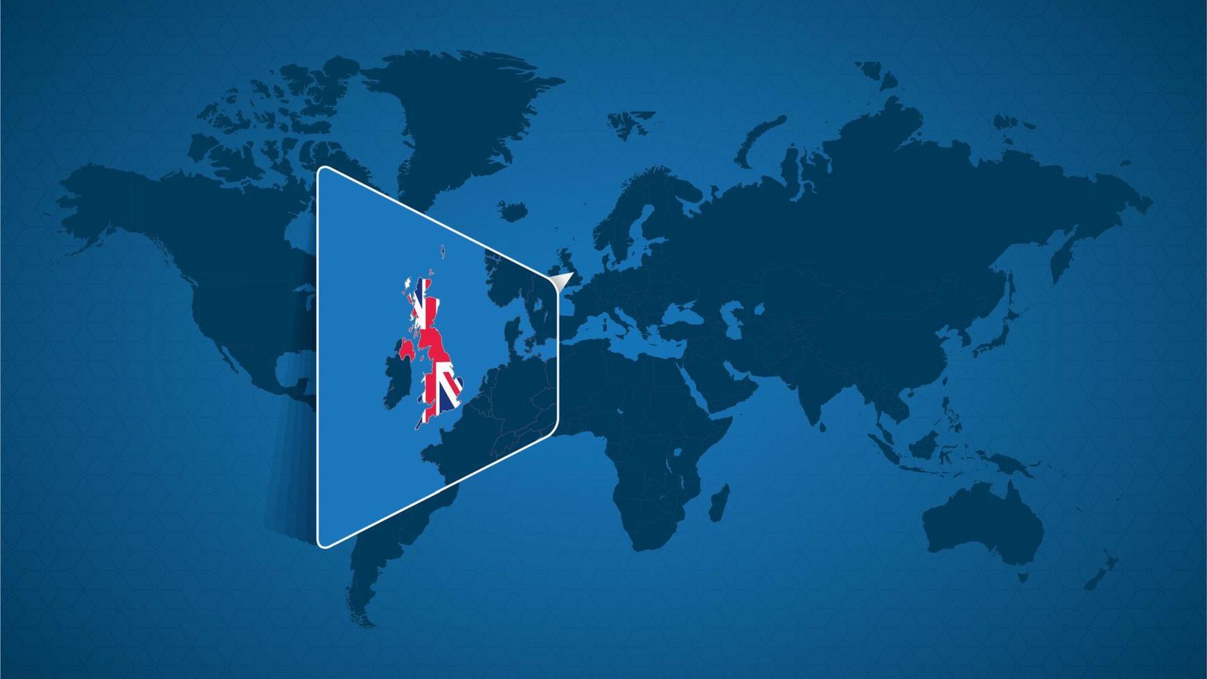 Detailed world map with pinned enlarged map of United Kingdom and neighboring countries. vector