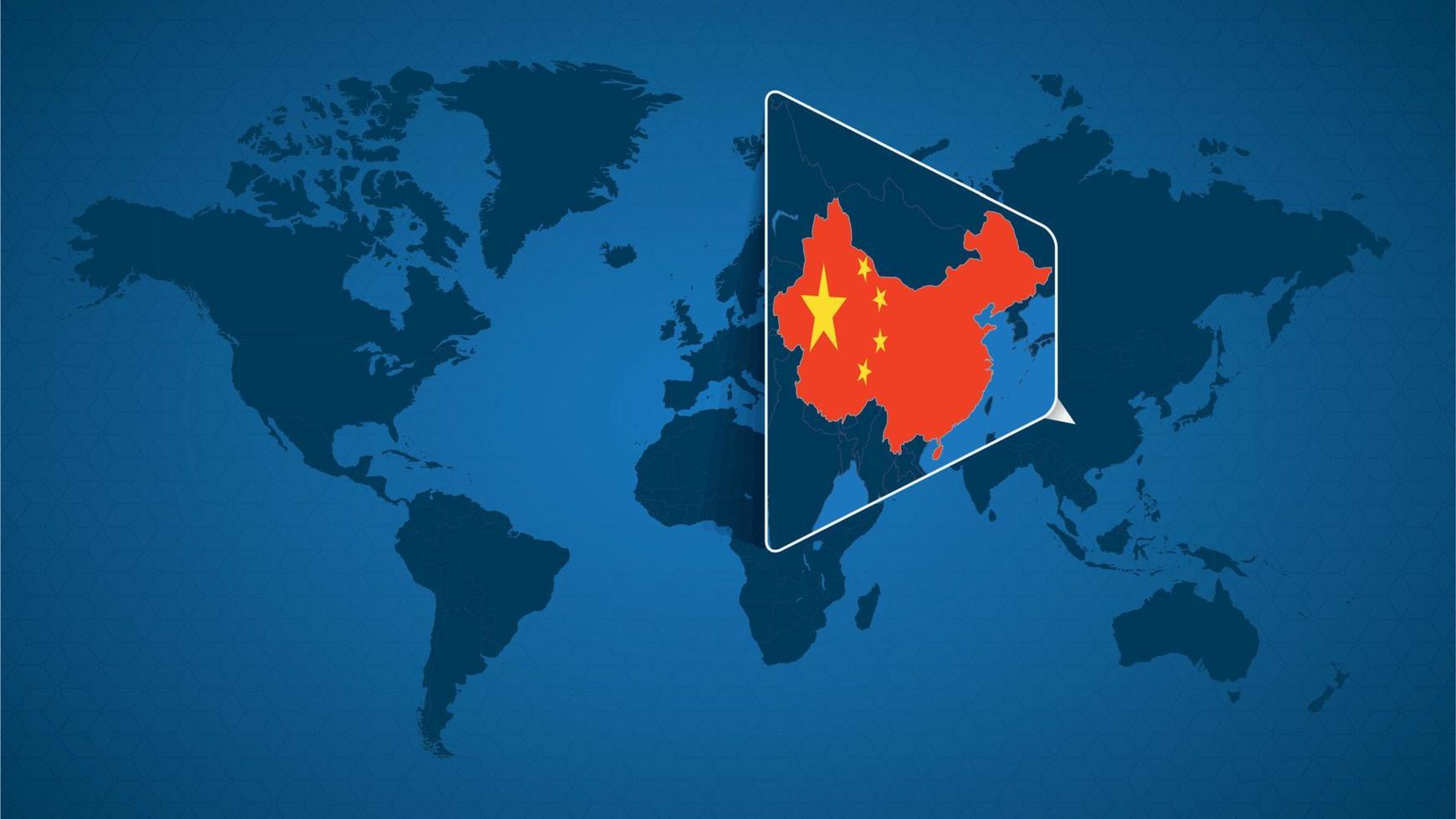 Detailed world map with pinned enlarged map of China and neighboring countries. vector