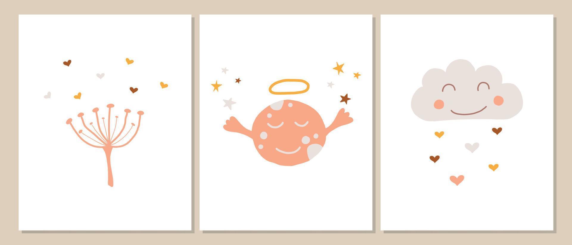 Vector set of posters with cloud, planet, and branch in kids boho style. Boho style nursery decoration. Illustration of smiling cloud and moon with stars.