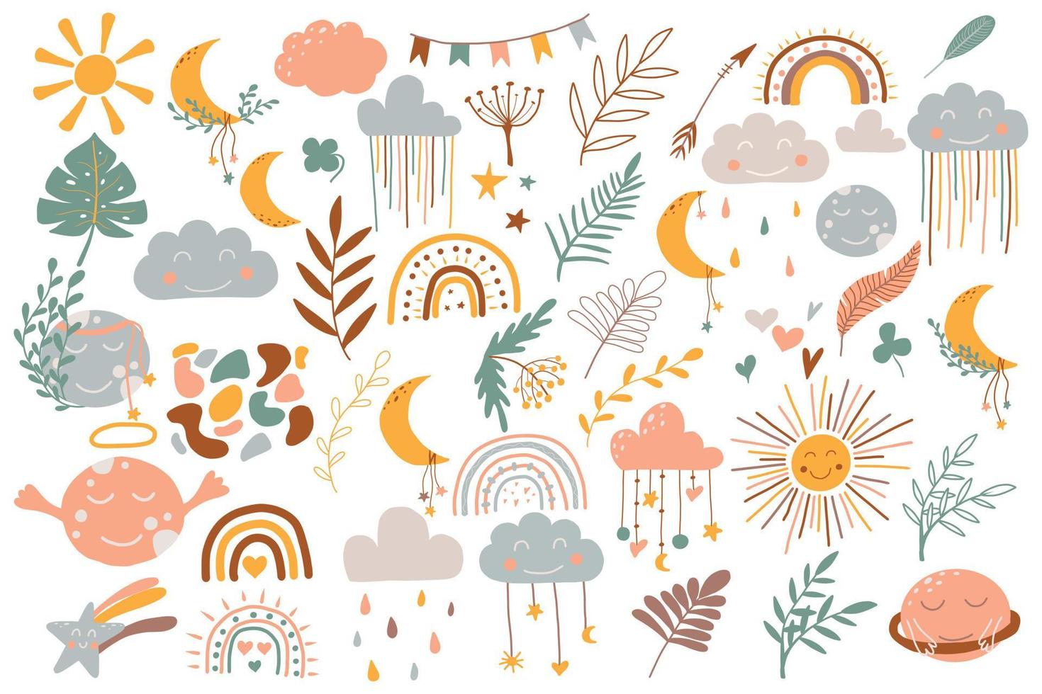 Set of cute boho baby objects in Scandinavian style. Boho style nursery decoration.Vector hand drawn boho clipart for nursery decoration with cute rainbows and moon, sun, cloud. vector