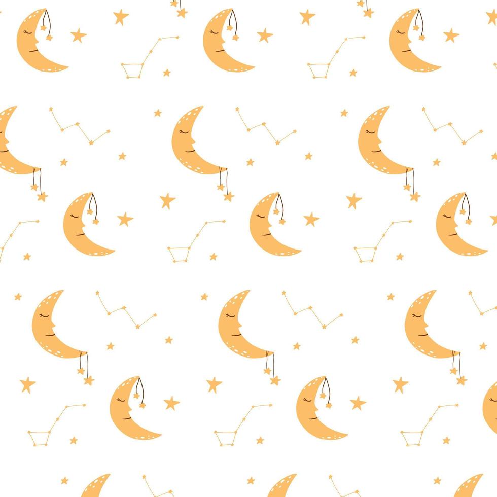 Vector pattern with moon and stars. Childish pattern with constellations and the moon.