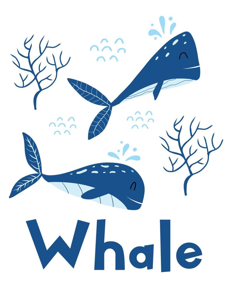 cartel infantil con dos ballenas azules. postal con lindas ballenas y letras. adecuado para impresiones, carteles, tarjetas, etiquetas. vector