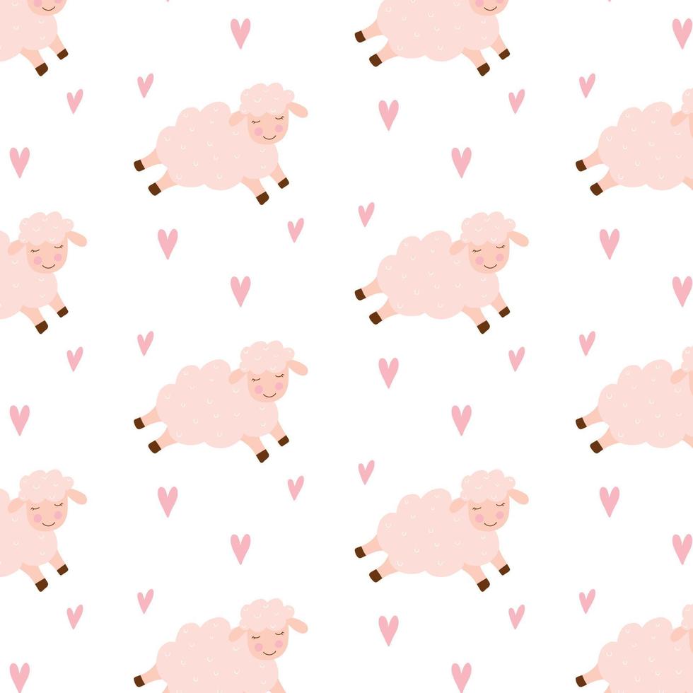 Vector pattern with cute sheep and hearts. Childish pattern with a sheep.