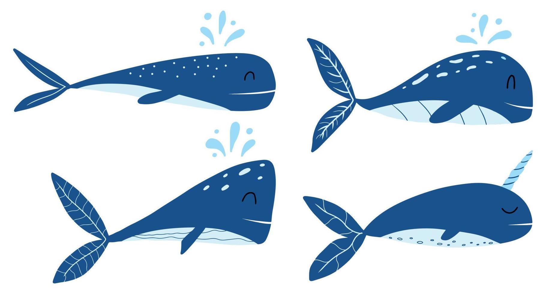 conjunto vectorial de ballenas infantiles. conjunto de ballenas azules dibujadas a mano para niños. vector