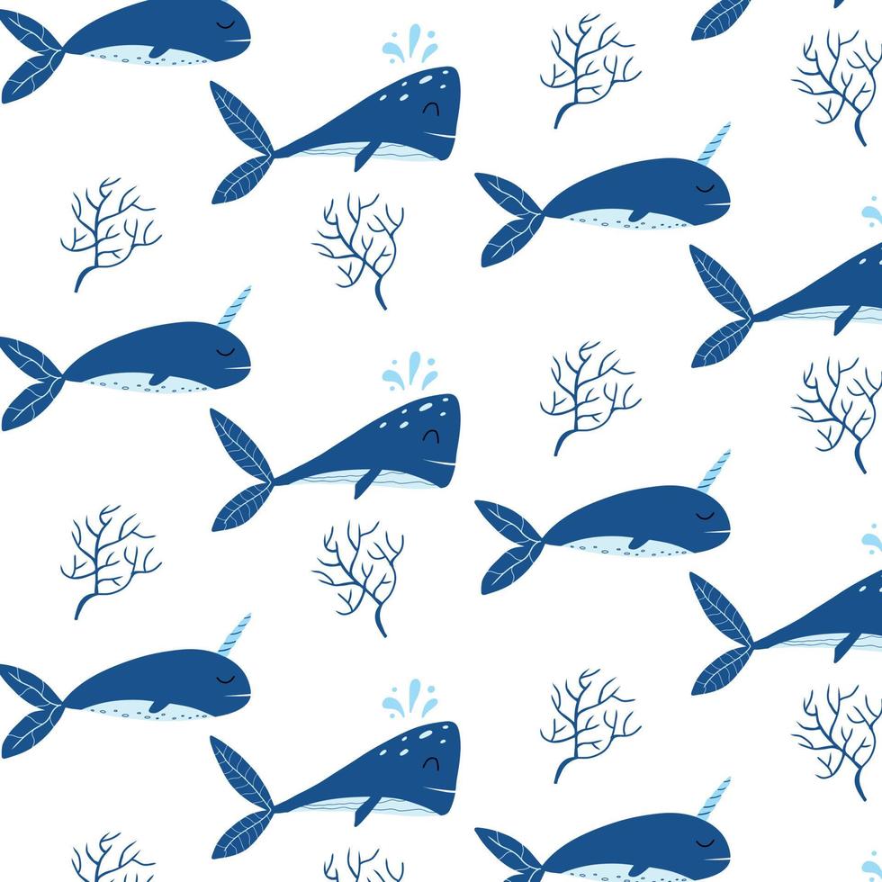 patrón infantil con ballenas azules. golpeteo con linda ballena y narval. adecuado para tejidos, papeles de regalo y estampados. vector