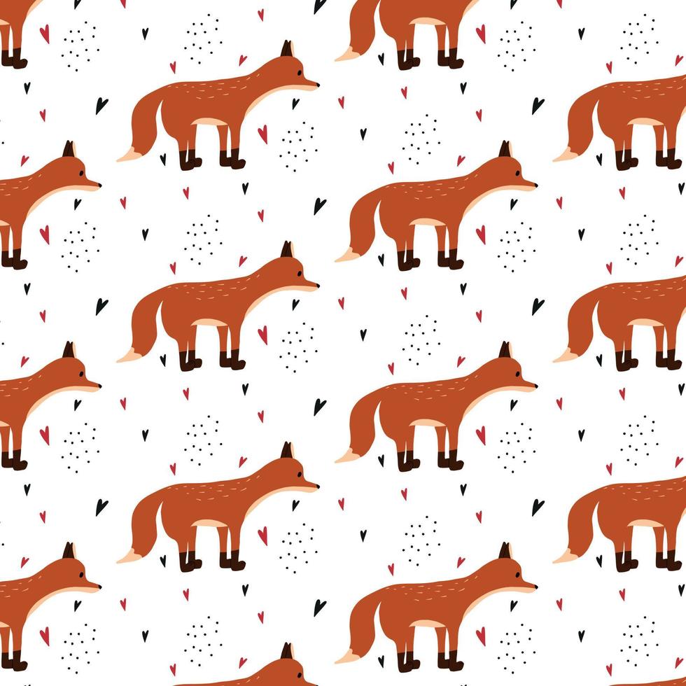 Children's hand-drawn pattern with red fox. Pattern with a fox in a crown . Pattern for cards, prints, wrapping paper, fabrics. A repeating pattern. vector