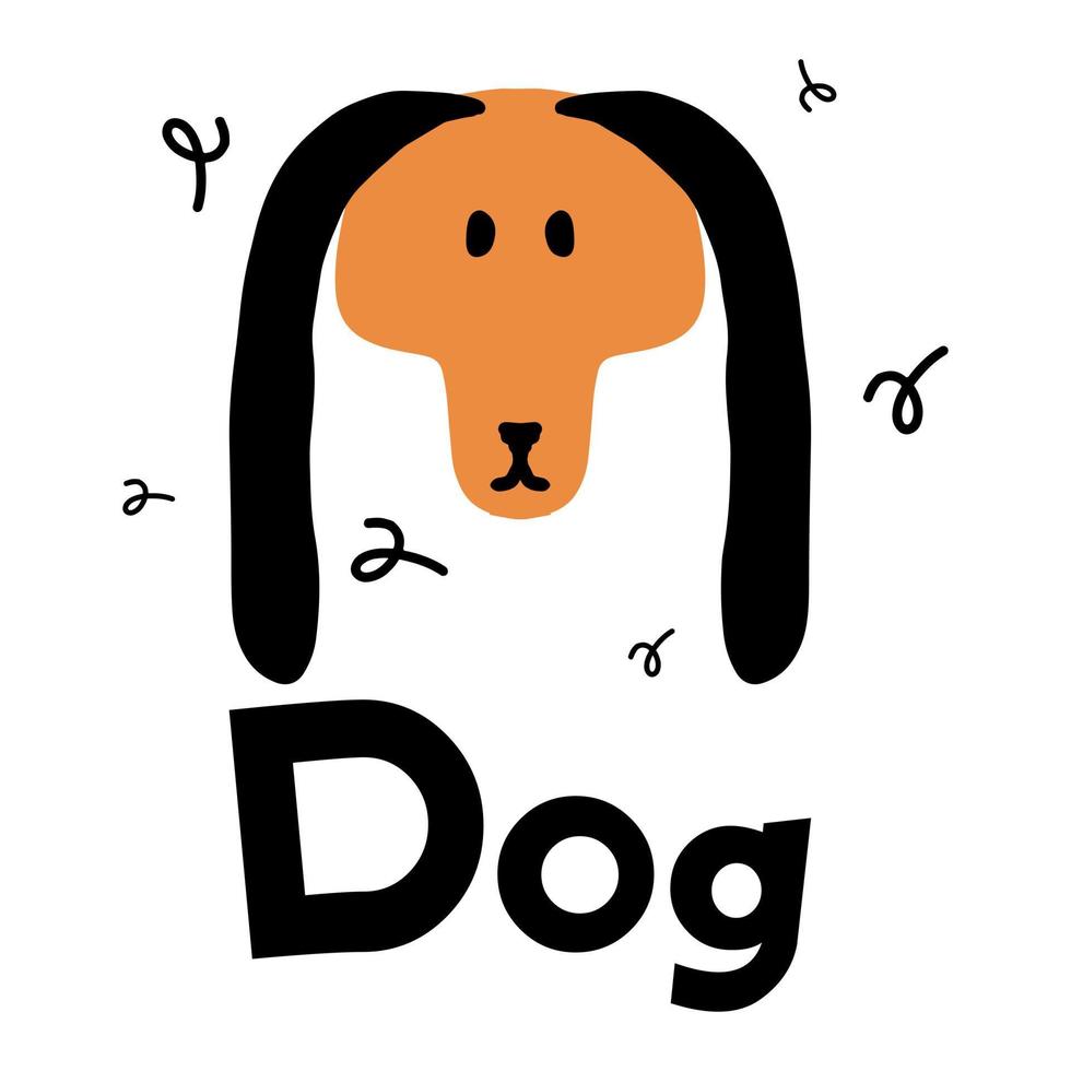 Afiche infantil dibujado a mano con un lindo perro. la cabeza de un perro con letras. la ilustración es adecuada para postales, impresiones, carteles. vector