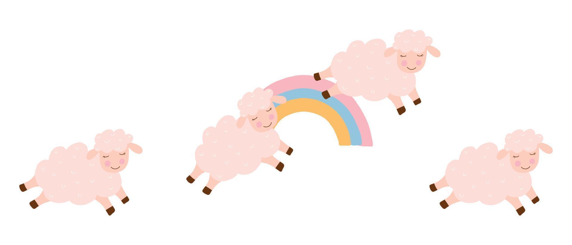ilustración vectorial de saltar ovejas sobre el arco iris. concepto de insomnio. vector