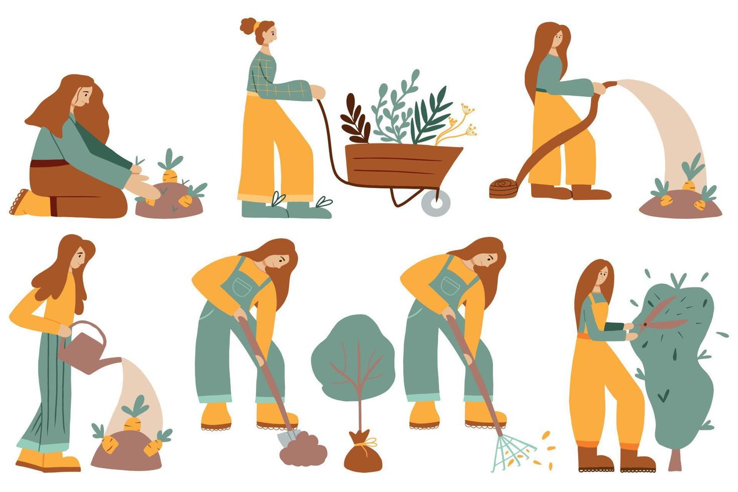 Vector set of women working in the garden. The girls are doing gardening. Gardening concept.