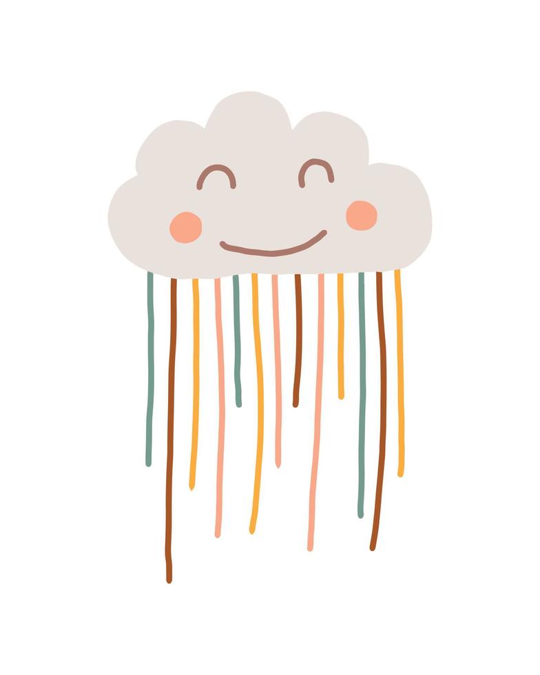 ilustración vectorial de linda nube en estilo boho para niños. linda nube boho dibujada a mano con lluvia de colores. decoración de habitaciones infantiles estilo boho. vector
