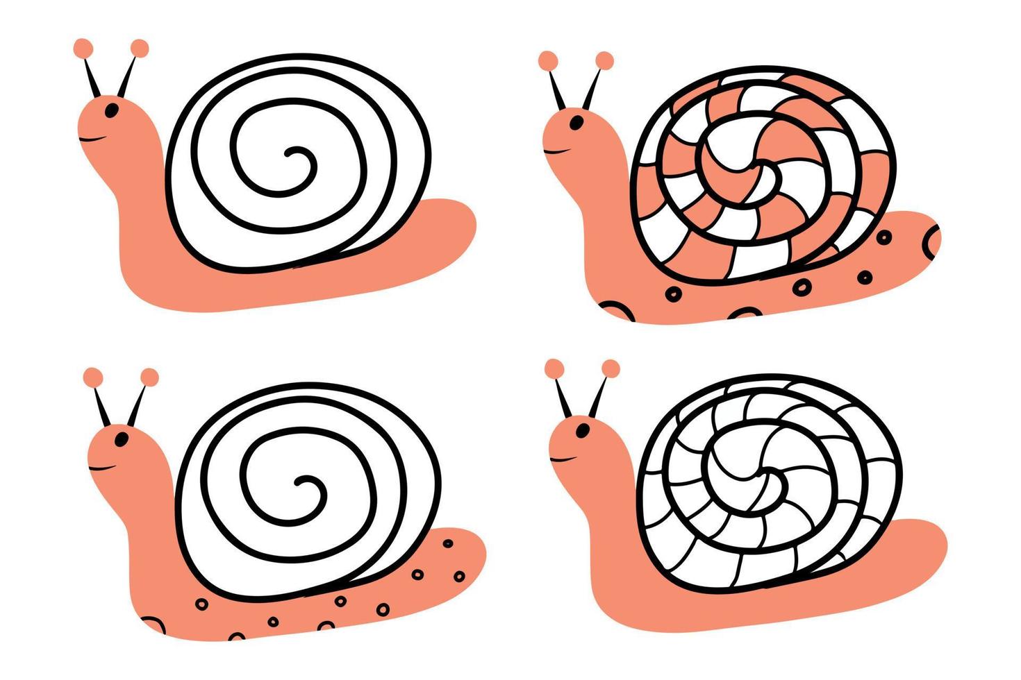 Childrens set of snails. Hand drawn doodle style snails. vector