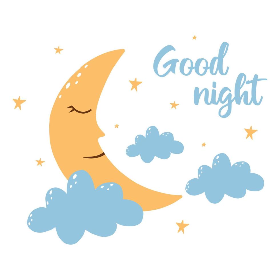Vector illustration of cute moon with clouds. Kids poster with ...