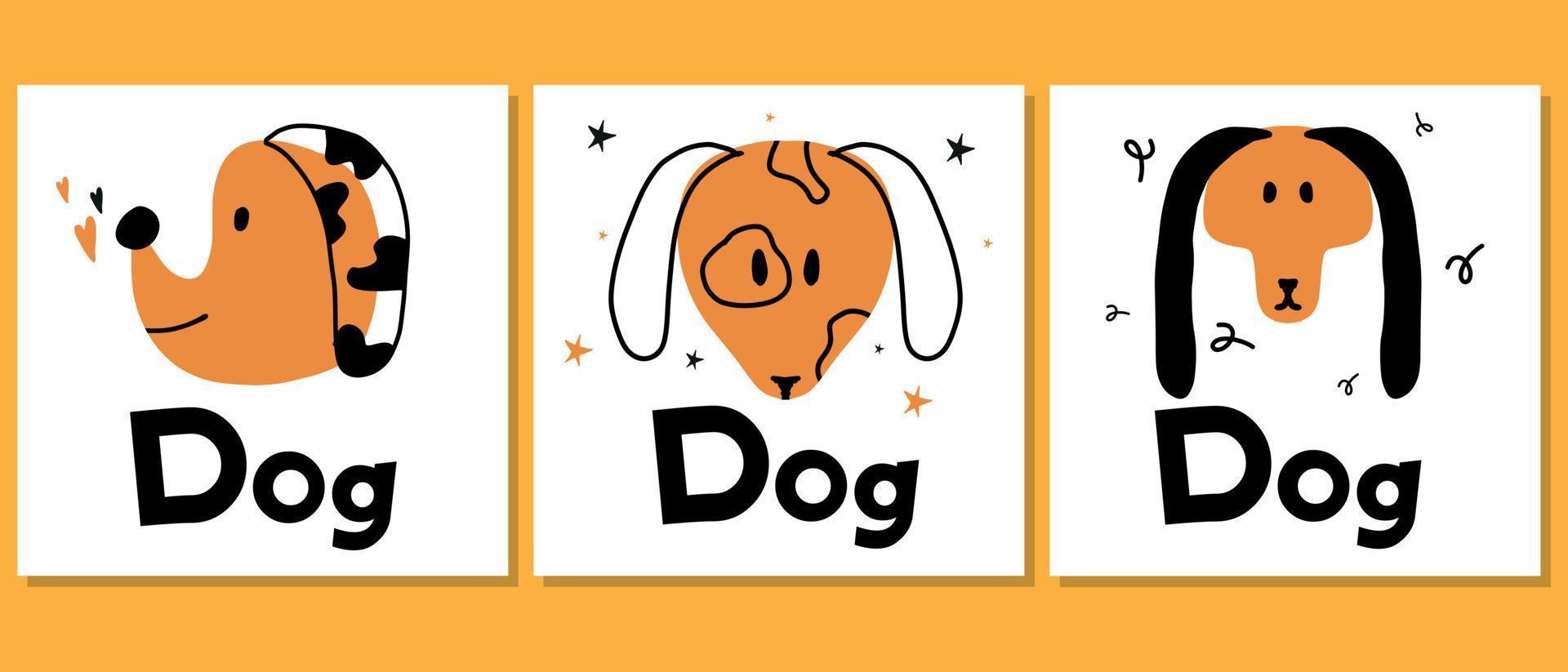 juego de carteles dibujados a mano para niños con perros. conjunto de carteles con lindos perros para la guardería. vector