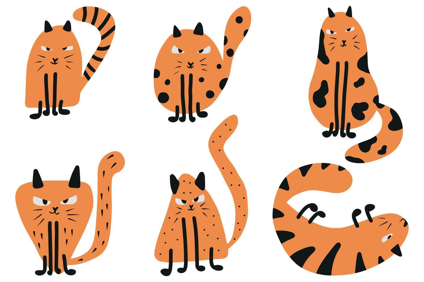 Children's hand-drawn set of ginger cats. Hand-drawn cat in cartoon style. vector