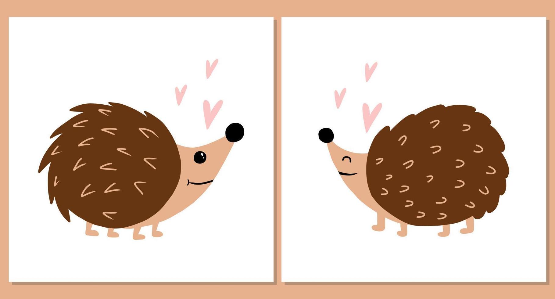 Vector set of posters with cute hedgehogs and hearts. Two posters with hedgehogs in love. Decoration for the nursery.