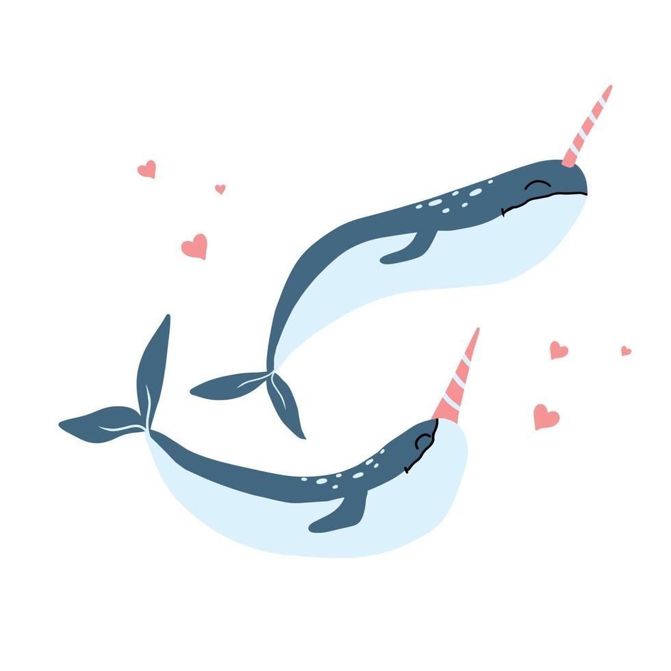 Vector illustration of two cute narwhals with hearts. Cute poster with two grooved piles. Decoration for the nursery.