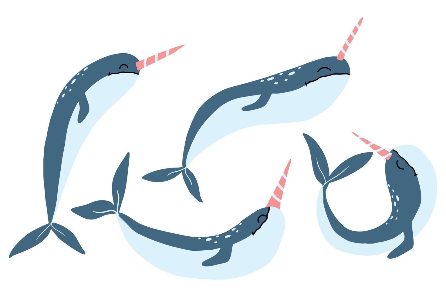 Vector set of cute blue narwhals. Cute whales with a horn.