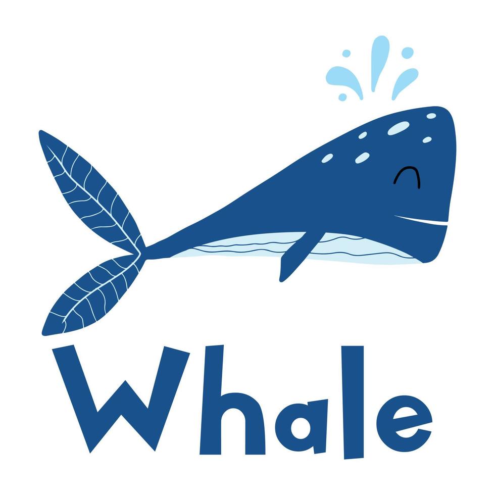 Childrens poster with a blue whale. Hand drawn poster with cute whale and seaweed. Suitable for prints, cards, posters, labels. vector