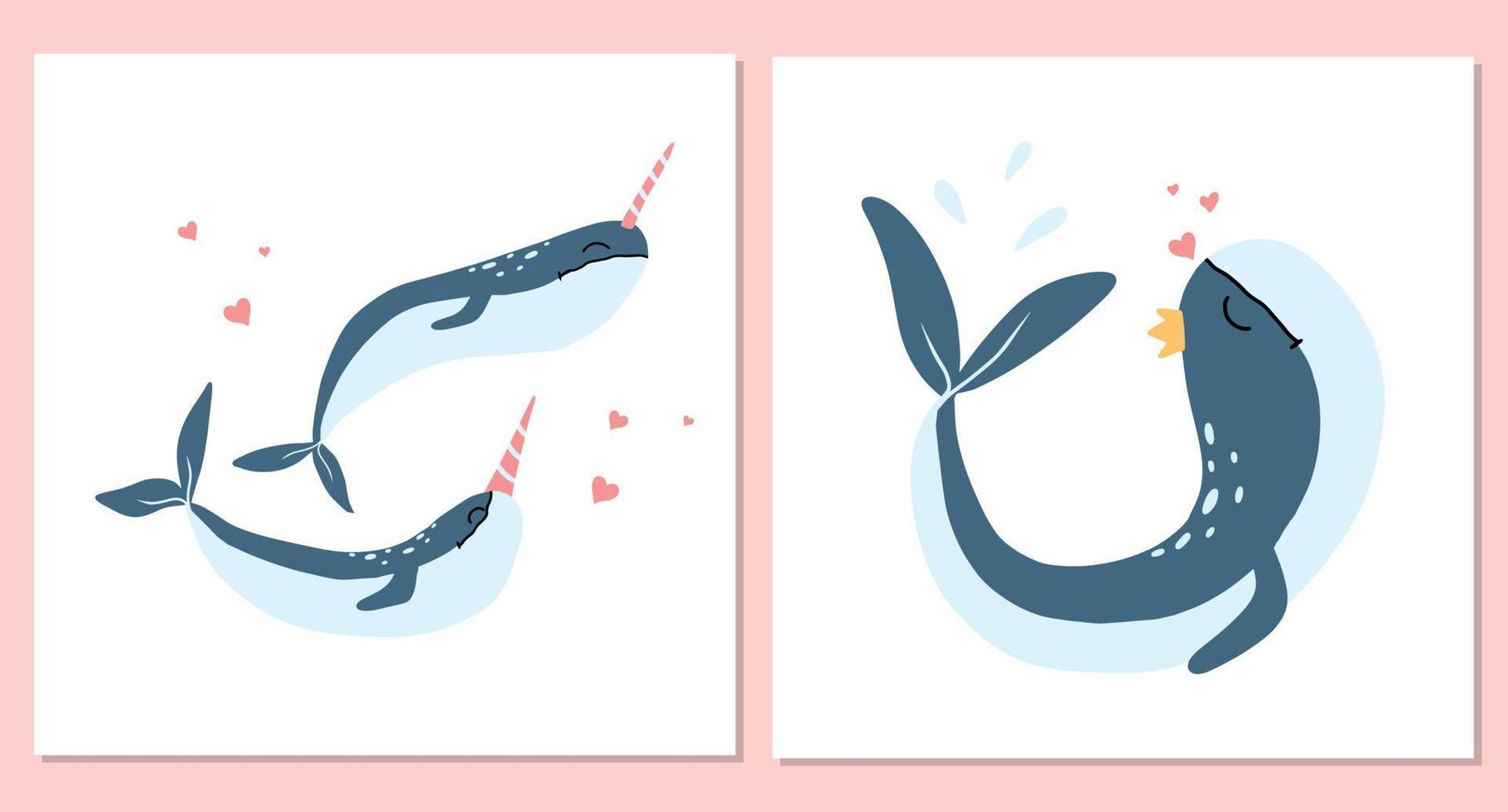 Vector set of posters with whale and narwhals. Childrens cute whale in love posters. Decoration for the nursery.