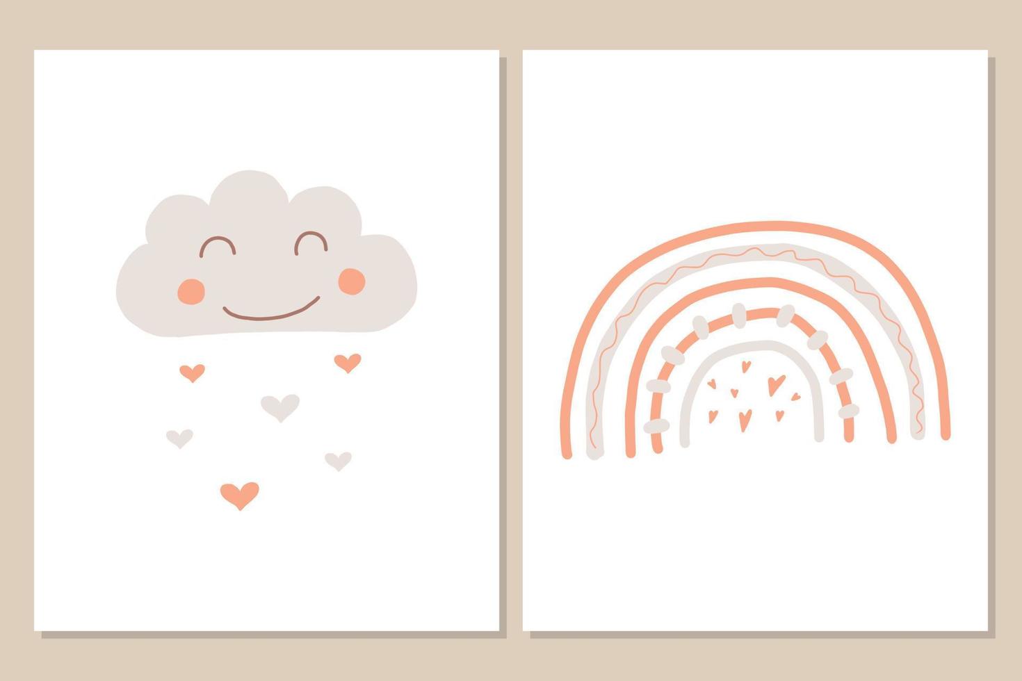 Vector set of posters with rainbow and cloud in baby boho style. Boho style nursery decoration.