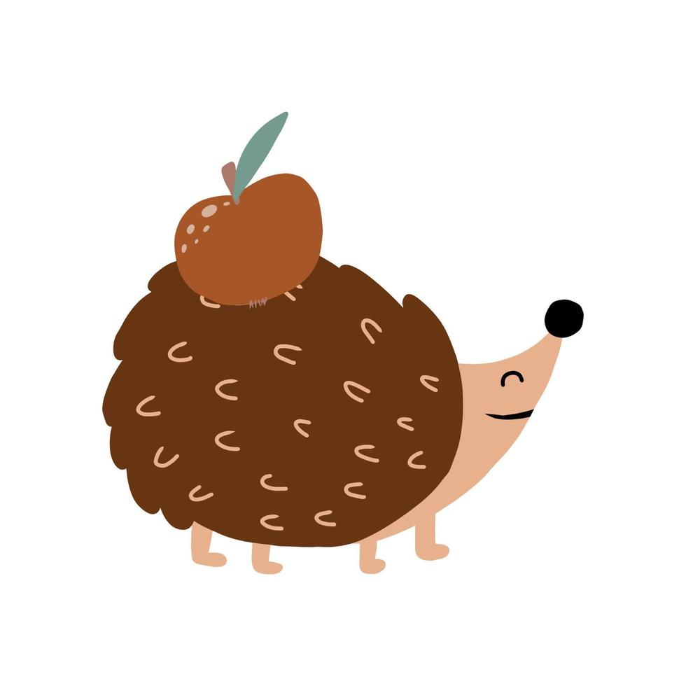 Vector illustration of cute hedgehog with an apple. Hedgehog with an apple in the style of baby boho.