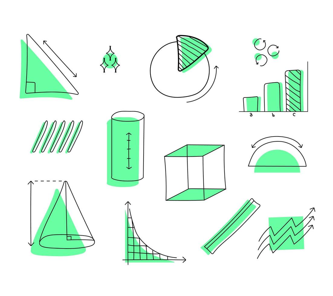 set of mathematical objects along with complementary ornaments such as arrows, lines, graphics, stock, geometry with mamphis style vector