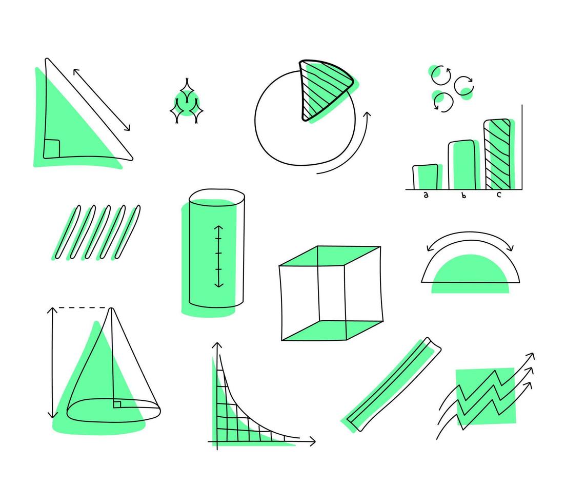 set of mathematical objects along with complementary ornaments such as arrows, lines, graphics, stock, geometry with mamphis style vector