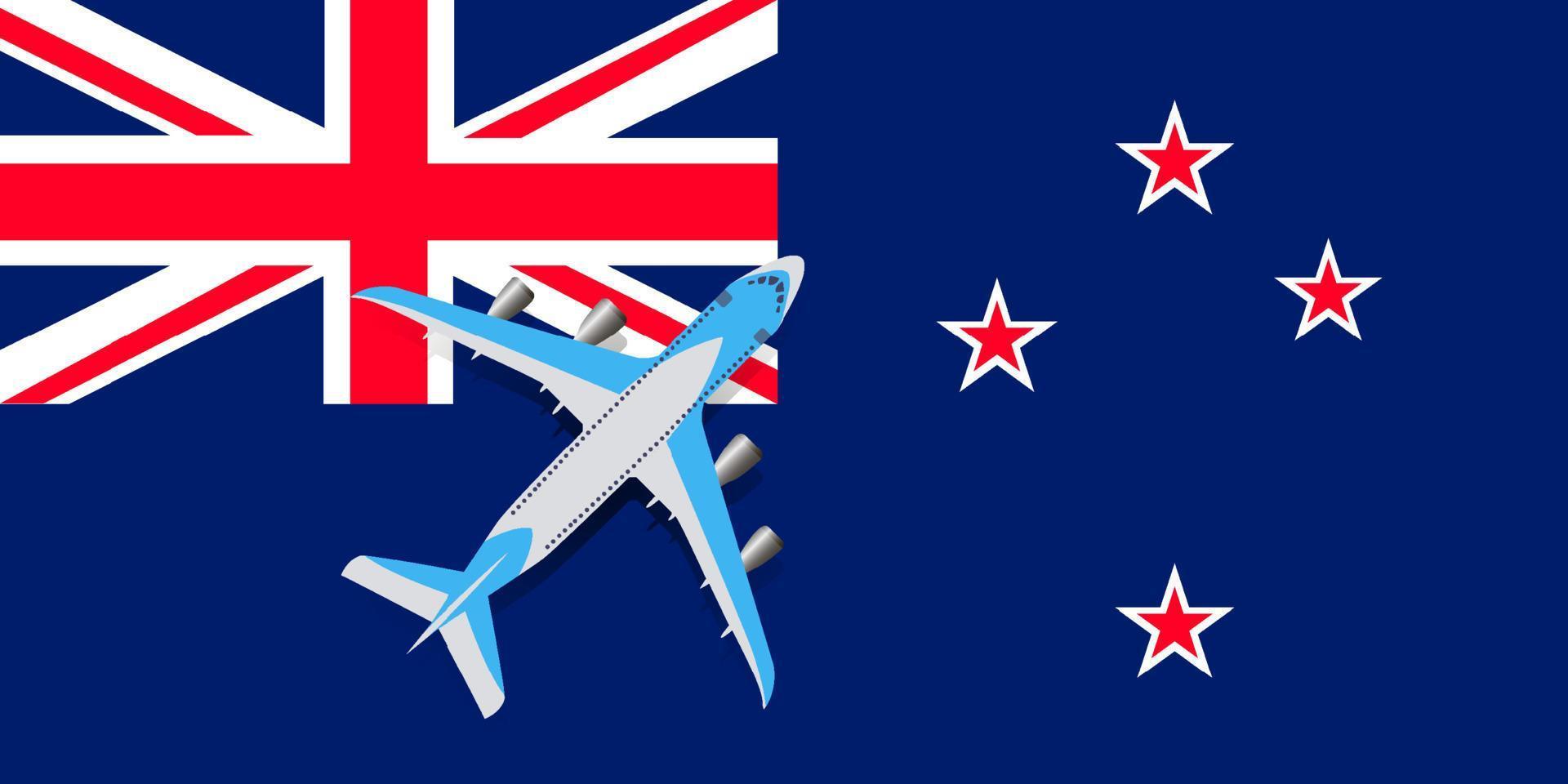 Vector Illustration of a passenger plane flying over the flag of New Zealand. The concept of tourism and travel