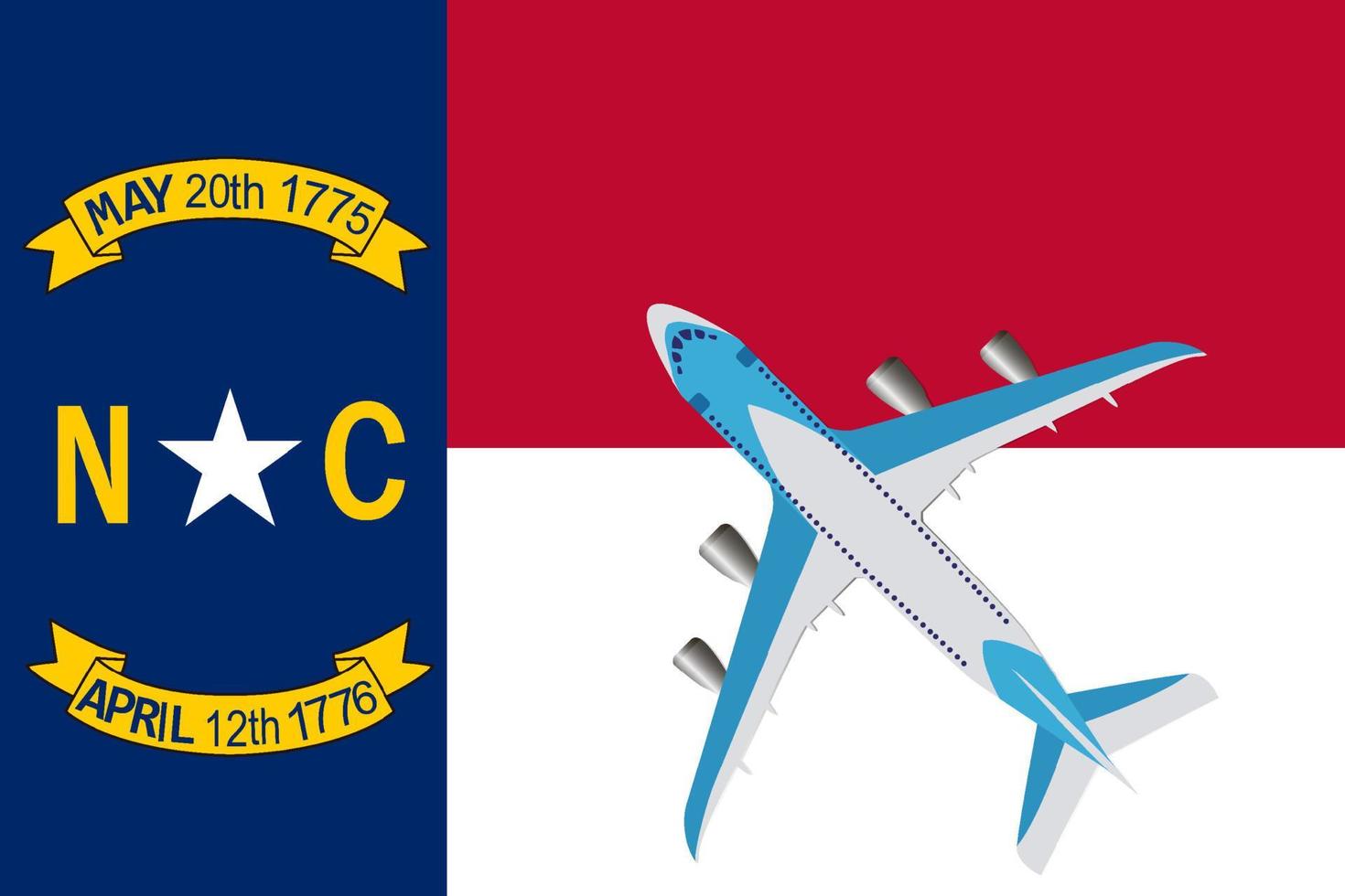 Vector Illustration of a passenger plane flying over the flag of North Carolina. Concept of tourism and travel