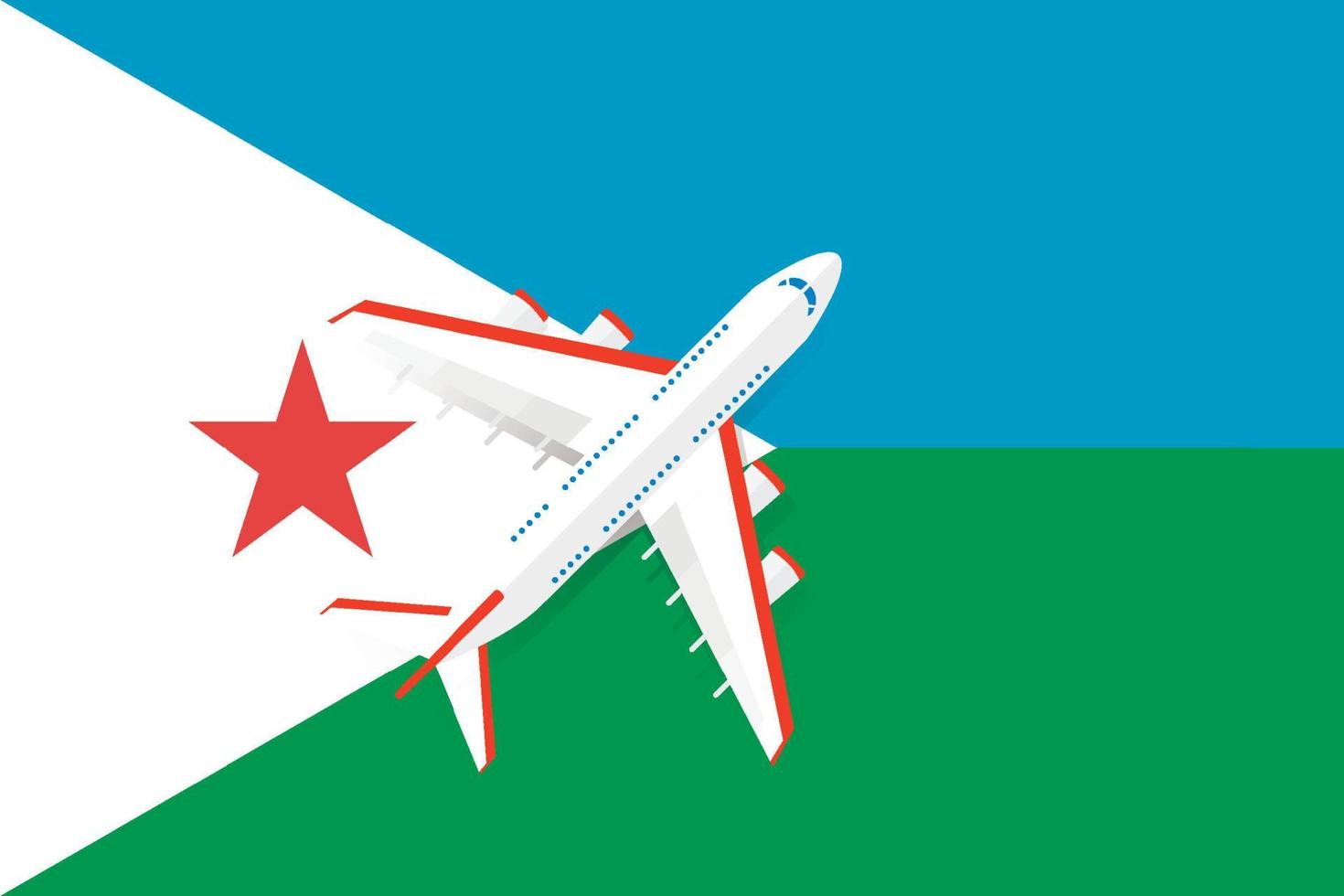 Vector Illustration of a passenger plane flying over the flag of Djibouti. Concept of tourism and travel