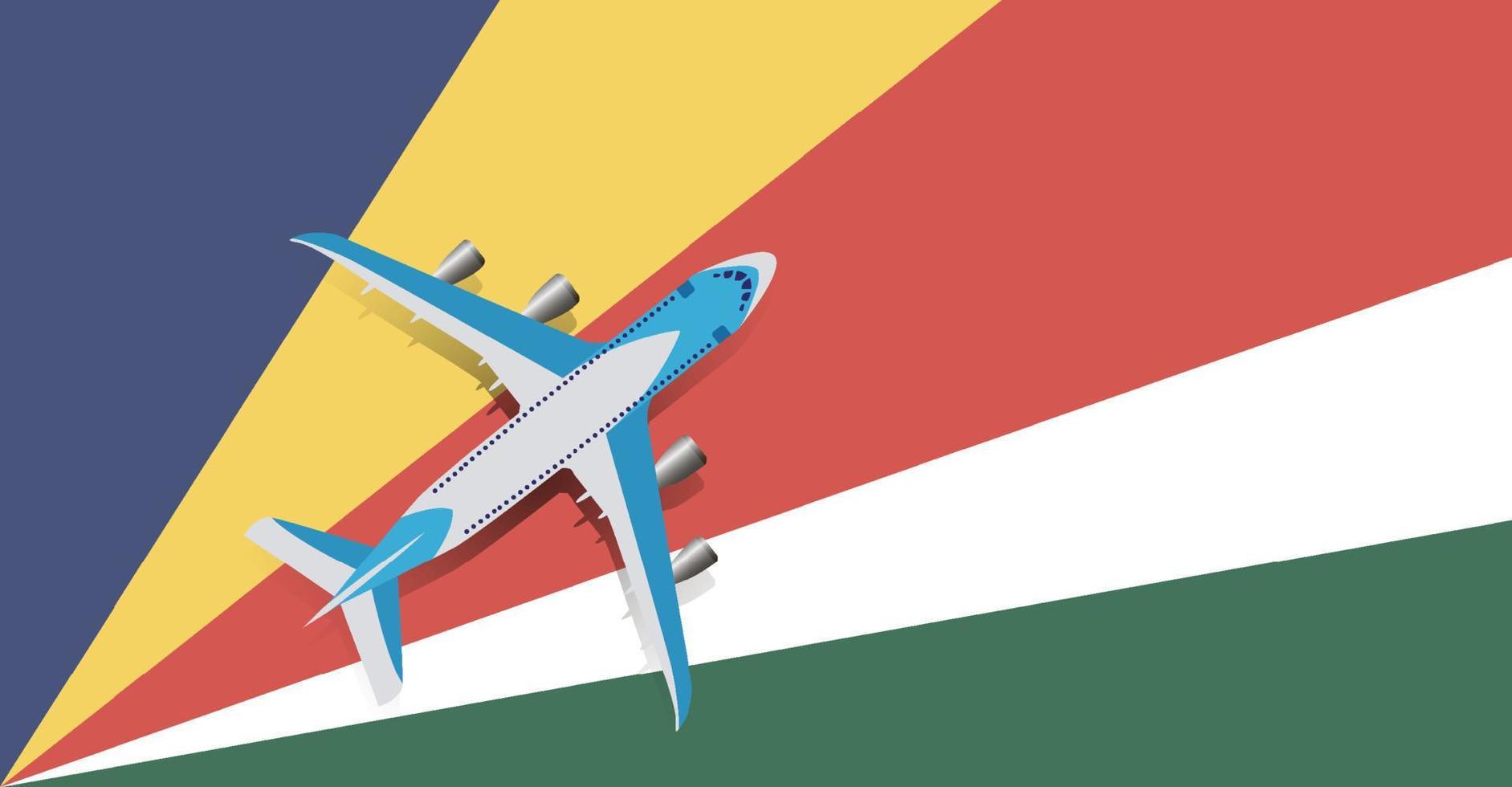 Vector Illustration of a passenger plane flying over the flag of the Seychelles. Concept of tourism and travel