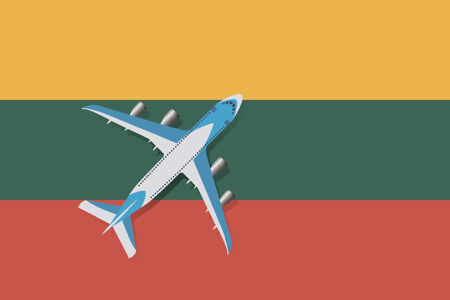 Vector Illustration of a passenger plane flying over the flag of Lithuania. Concept of tourism and travel