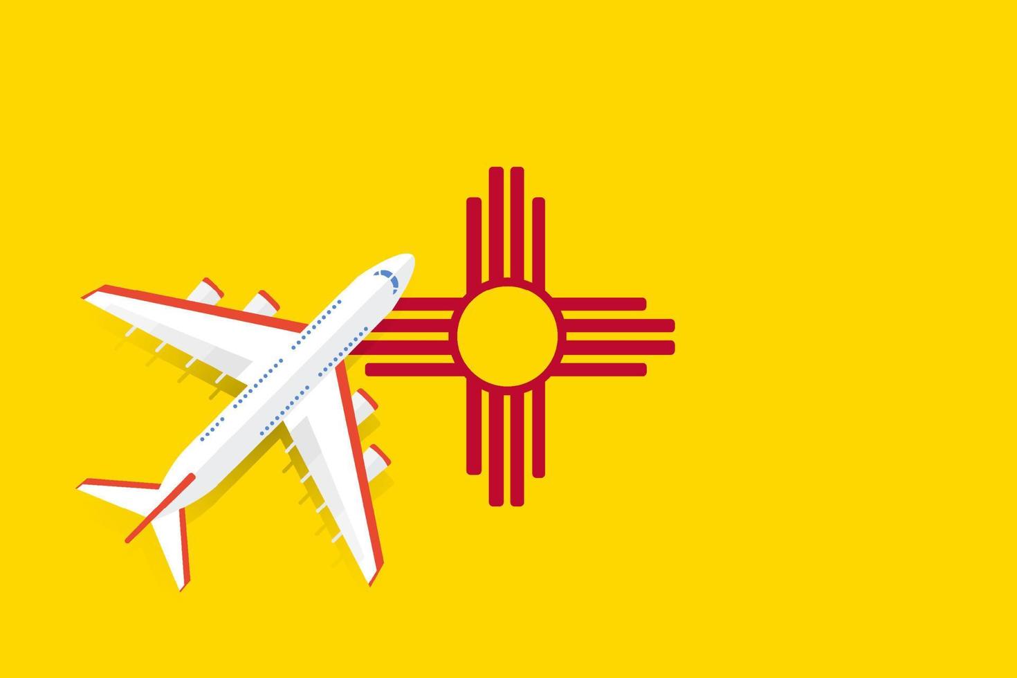 Vector Illustration of a passenger plane flying over the new Mexico flag. Concept of tourism and travel