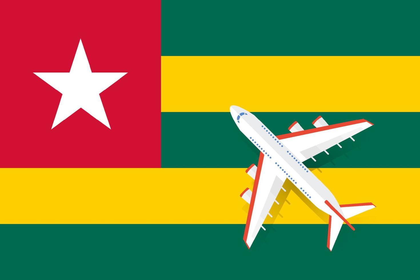 Vector Illustration of a passenger plane flying over the flag of Togo. Concept of tourism and travel