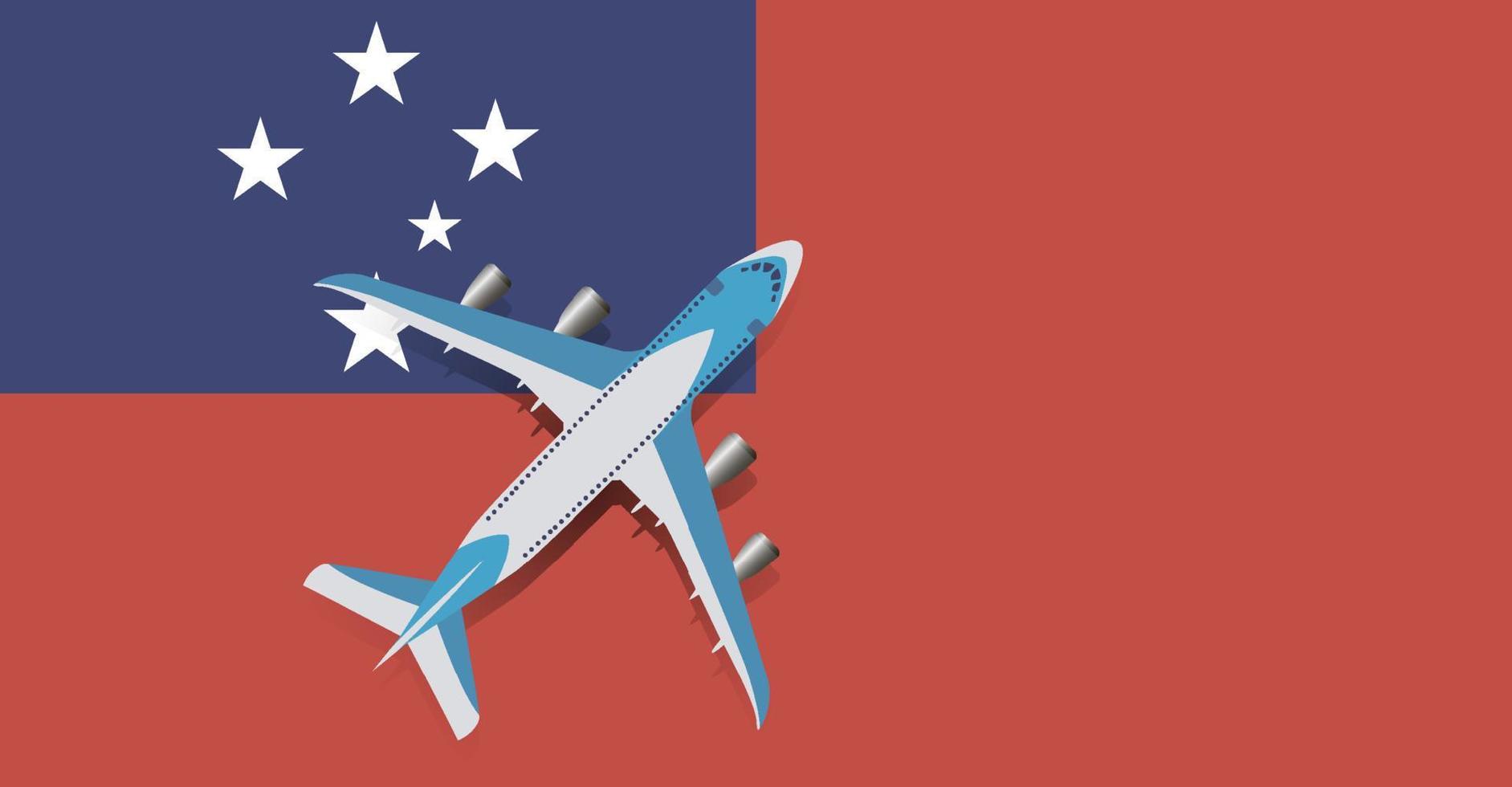 Vector Illustration of a passenger plane flying over the flag of Samoa. Concept of tourism and travel