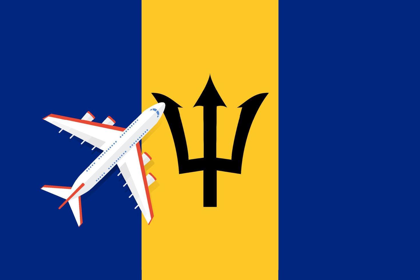 Vector Illustration of a passenger plane flying over the flag of Barbados. Concept of tourism and travel