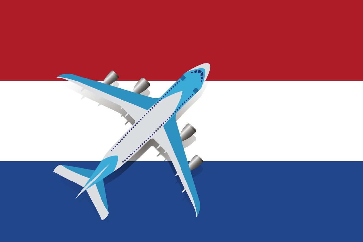 Vector Illustration of a passenger plane flying over the flag of the Netherlands. Concept of tourism and travel