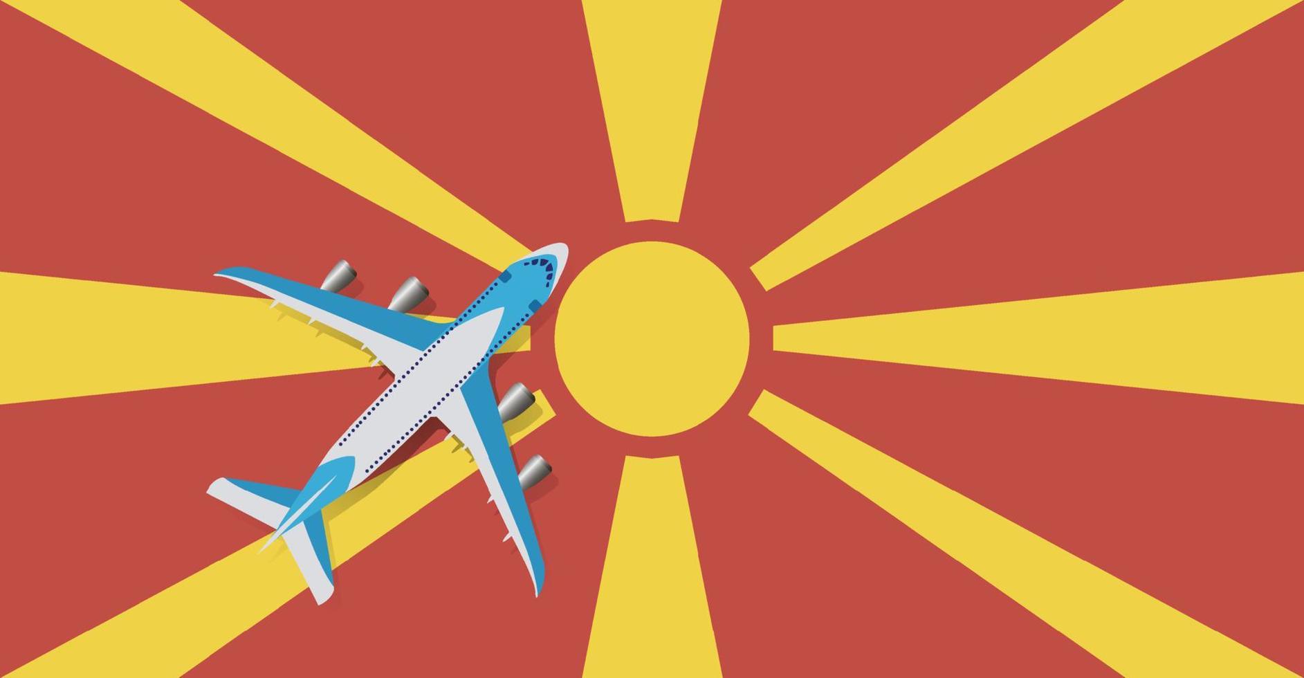 Vector Illustration of a passenger plane flying over the flag of Macedonia. Concept of tourism and travel