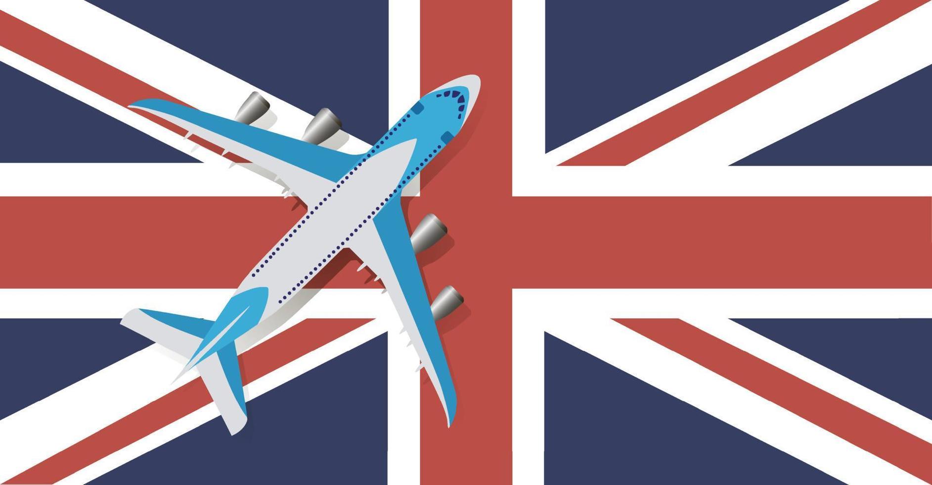 ilustración vectorial de un avión de pasajeros que sobrevuela la bandera de gran bretaña. concepto de turismo y viajes vector