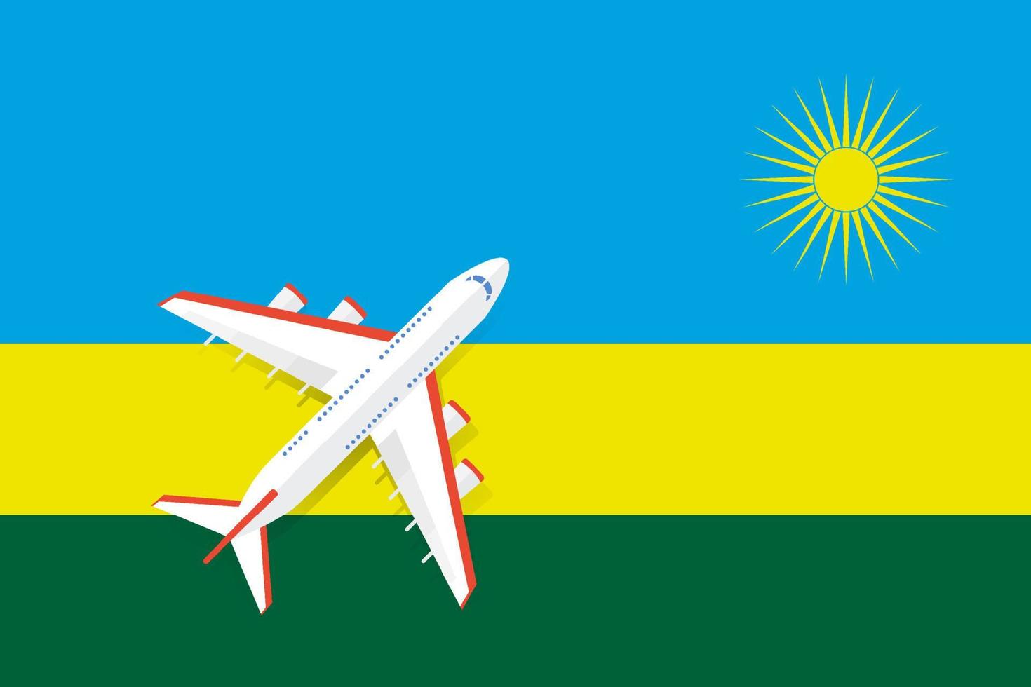 avión y bandera de ruanda. concepto de viaje para el diseño. ilustración vectorial de un avión de pasajeros que sobrevuela la bandera de ruanda. el concepto de turismo y viajes vector