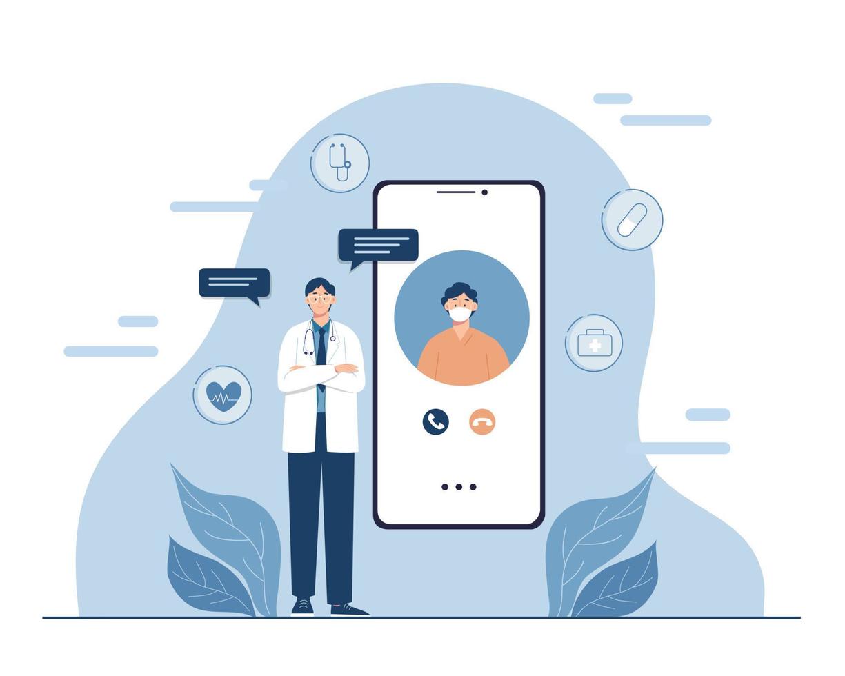 Doctor online vector illustration isolated. male doctor consults patient online from smartphone screen and advice health care, medical assistance remotely via telephone