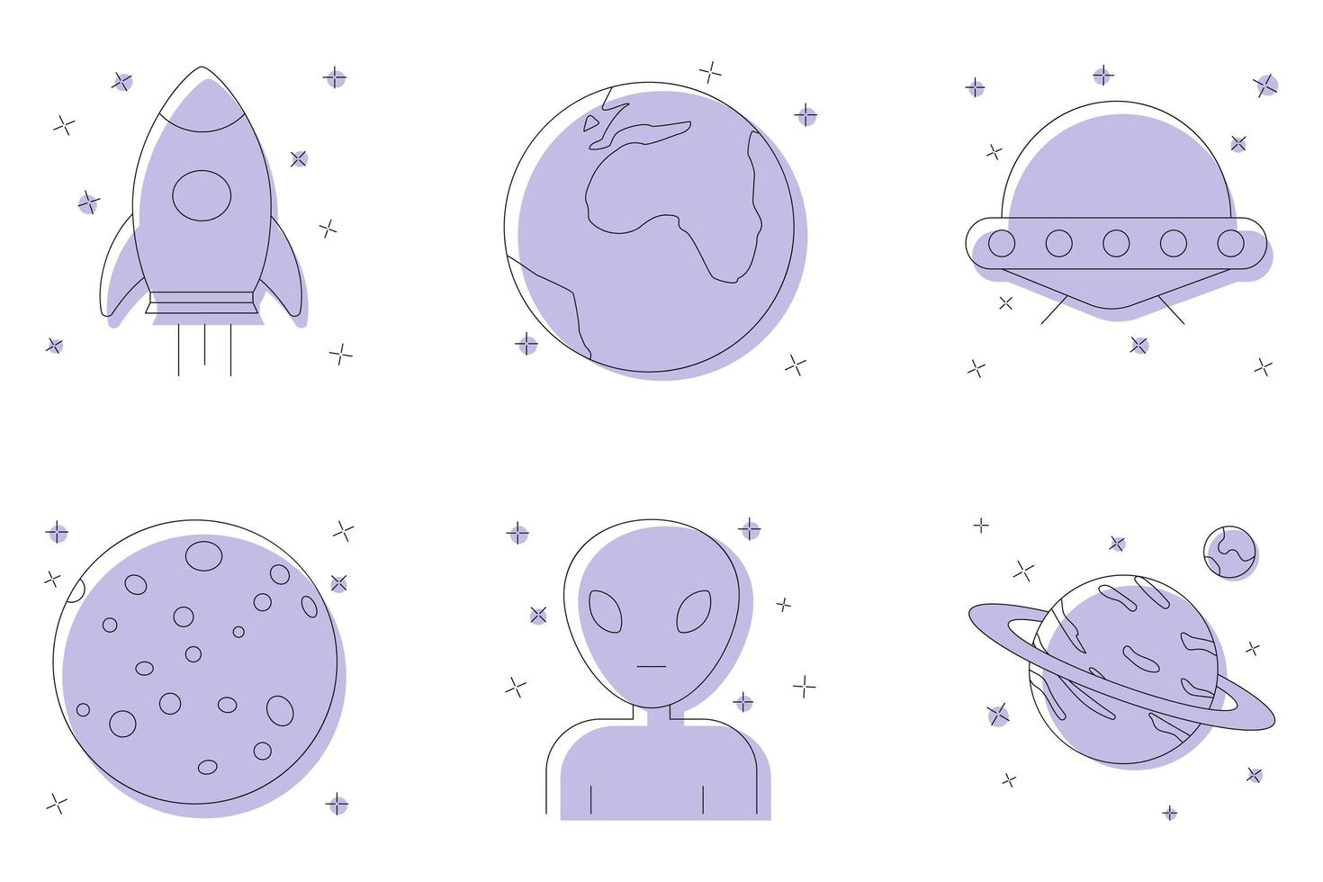 conjunto de iconos de espacio aislado sobre fondo blanco. cohete, marte, tierra, extraterrestre vector