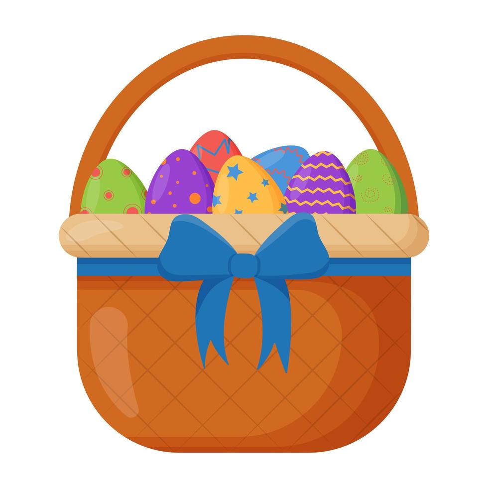Wicker basket. Wicker basket with Easter eggs for Easter. Wooden accessory for storage or carrying vector