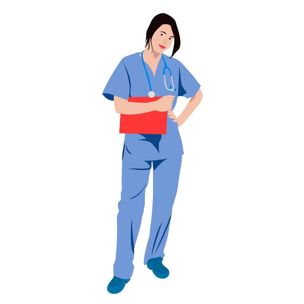 A doctor with a red folder in his hands with black hair and a blue robe. Concept of medical workers. vector