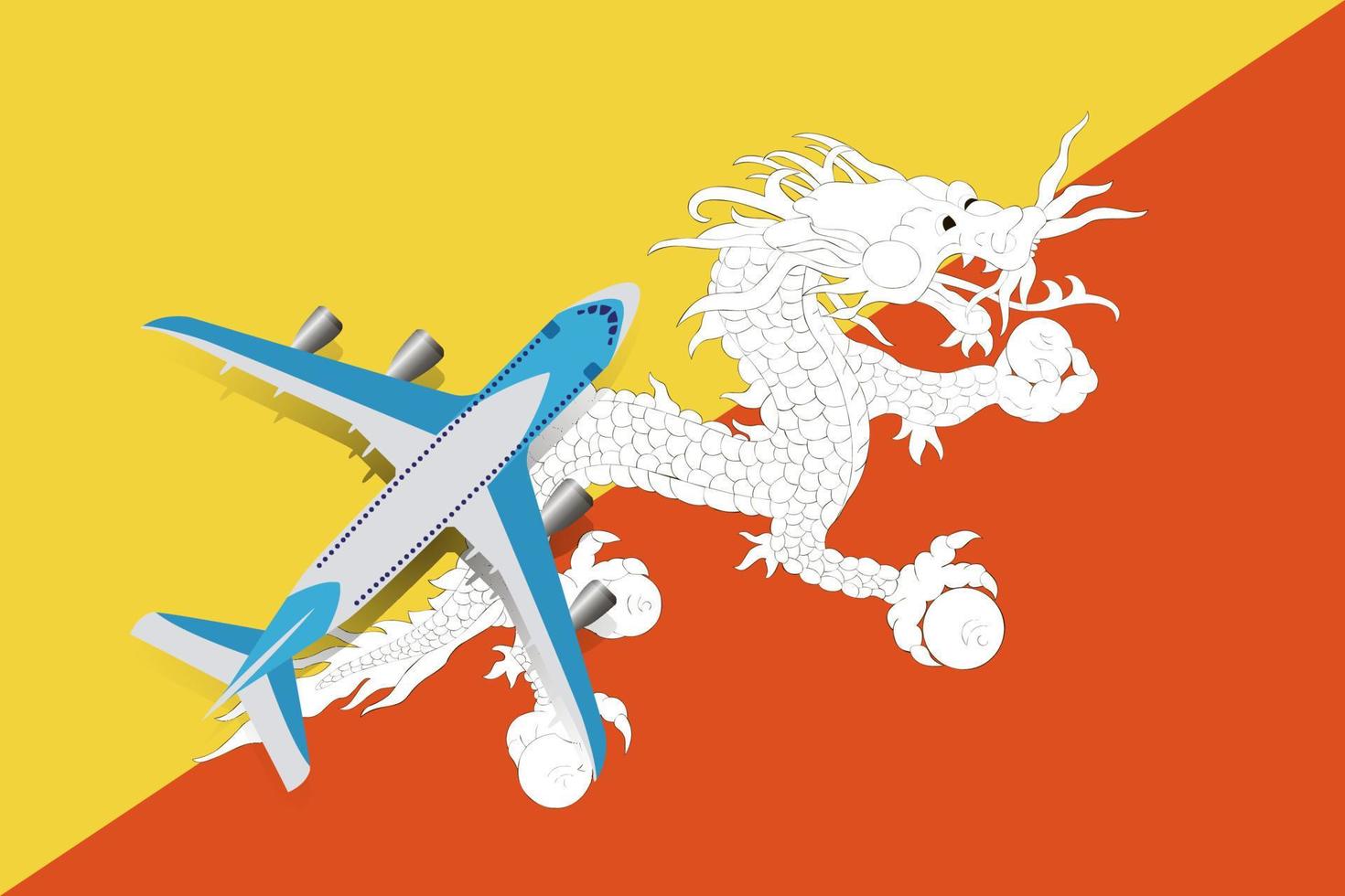 Plane and flag of Bhuthan. Travel concept for design. The plane flies over the flag of Bhutan. vector