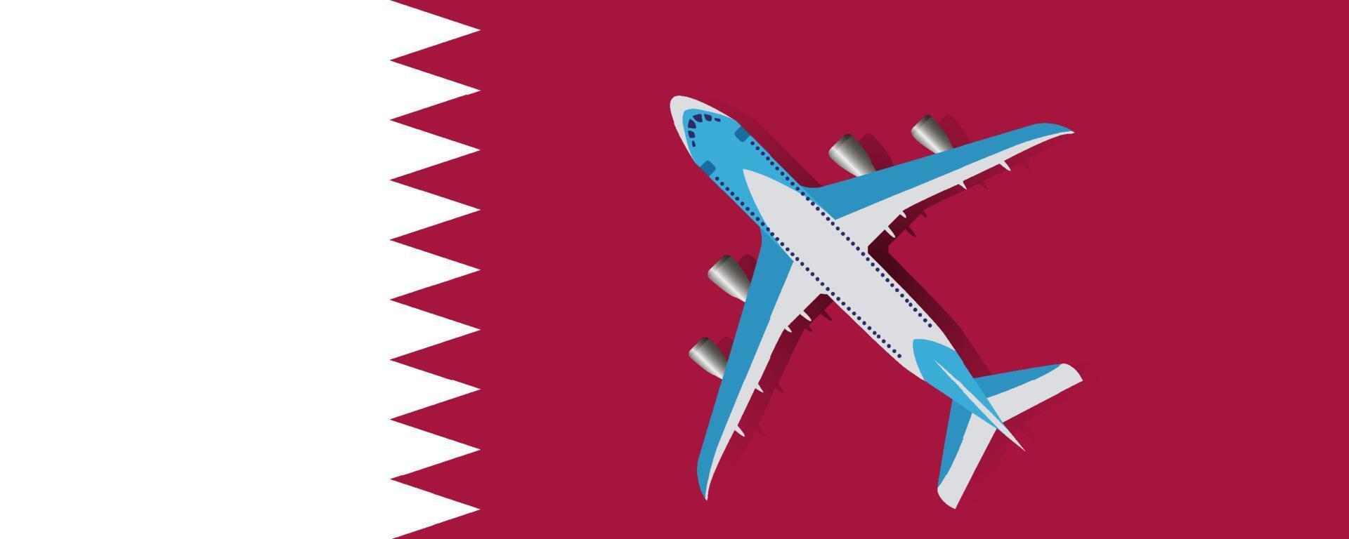Vector Illustration of a passenger plane flying over the flag of Qatar. The concept of tourism and travel