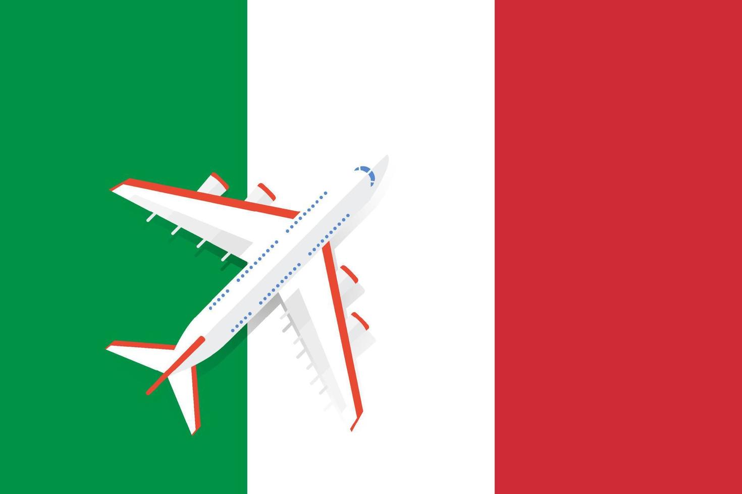 Vector Illustration of a passenger plane flying over the flag of Italy. Concept of tourism and travel