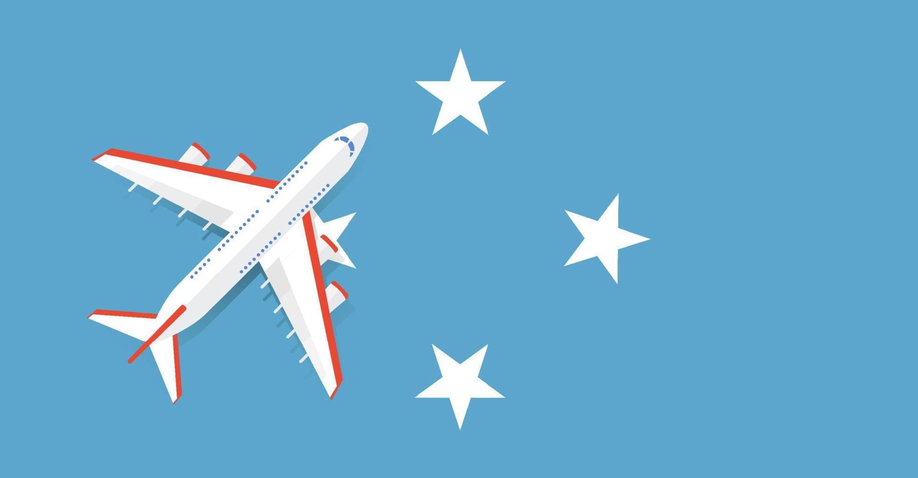 Vector Illustration of a passenger plane flying over the flag of the federated States of Micronesia. Concept of tourism and travel