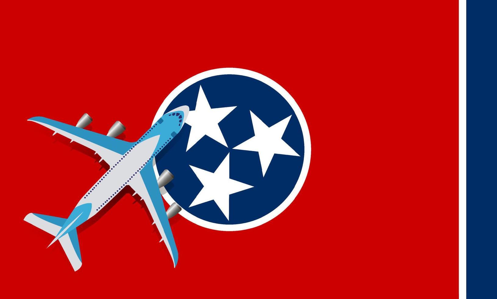 Vector Illustration of a passenger plane flying over the flag of Tennessee. Concept of tourism and travel