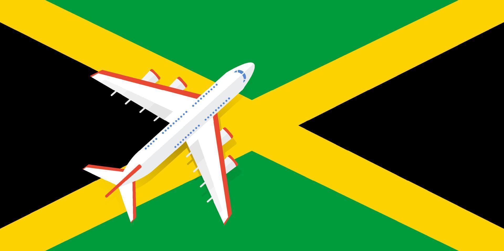 Vector Illustration of a passenger plane flying over the flag of Jamaica. Concept of tourism and travel